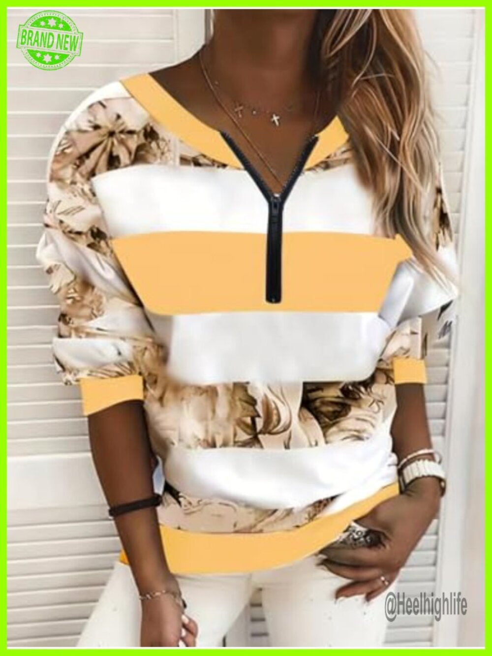 Women's Half-Zip V-Neck Floral Print Stitched Long-Sleeve Sweatshirt